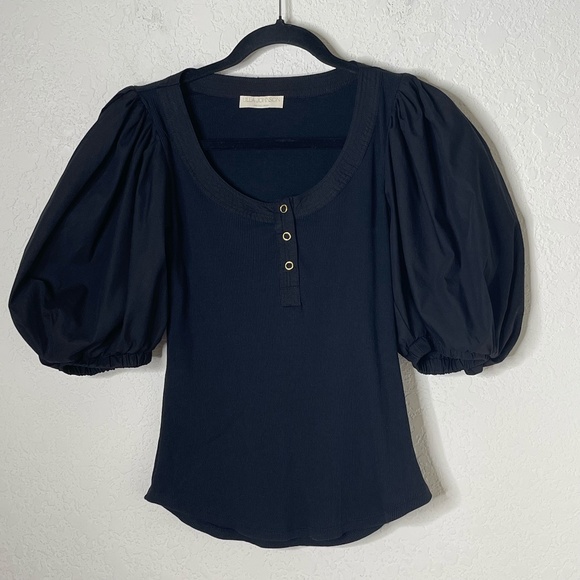Ulla Johnson Puff Sleeve Top Size Small Black 1/4 Snaps Ribbed body - Picture 1 of 10